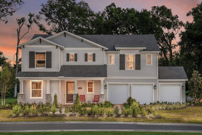 The Washington plan (above) in Beazer Homes’ Lakeshore of Wekiva community is a two-story, single-family home that features a convenient first-floor master bedroom and a three-car garage. The master bath (below) has dual vanities. At a spacious 4,057 to 4,069 square feet, the model is priced starting at $474,990.